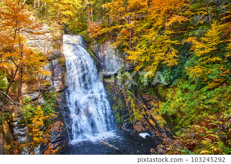 Fall foliage surrounds and covers cliffs around raging waterfall into river with overlook boardwalks above Fall foliage surrounds and covers cliffs around raging waterfall into river with overlook boardwalks above 103245292