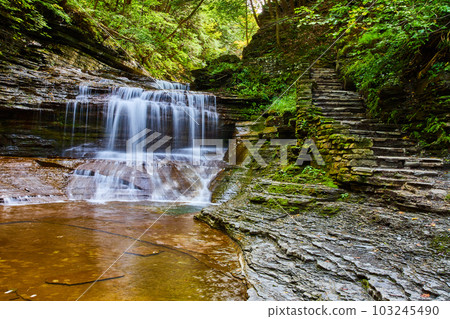 Stone staircase along gorge right next to large waterfall in Upstate New York 103245490