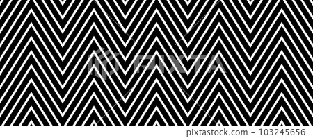 Zig zag seamless pattern. Black and white chevron ornament background. Repeating herringbone motif texture with diagonal lines. Textile design template swatch. Vector backdrop 103245656