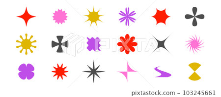 Primitive geometric forms collection. Abstract stars, flowers, crosses, sunburst shapes in Swiss, bauhaus or Memphis style. Brutalist elements pack for poster, banner, collage. Vector signs bundle.  103245661