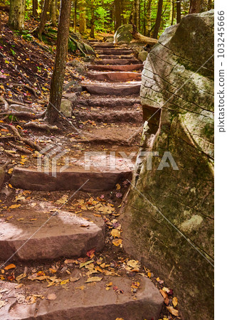 Stone steps with boulders in hiking trail winding up through fall forest 103245666