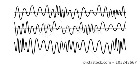 Sinusoid signals set. Black curve sound waves with different amplitude and frequency. Voice or music audio concept. Pulsating lines. Electronic radio graphics collection. Vector templates bundle Sinusoid signals set. Black curve sound waves with different amplitude and frequency. Voice or music audio concept. Pulsating lines. Electronic radio graphics collection. Vector templates bundle 103245667
