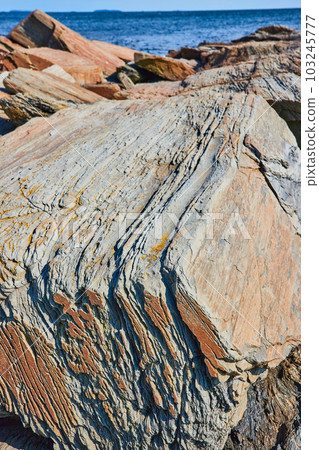 Unusual rock formations on Maine coast with sheets of layers and orange lichen 103245777