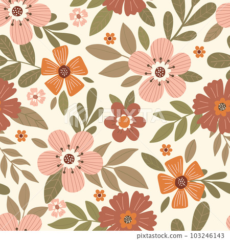 Elegant seamless floral pattern with fall flowers. Repeatable botanical background. Flat vector illustration Elegant seamless floral pattern with fall flowers. Repeatable botanical background. Flat vector illustration 103246143