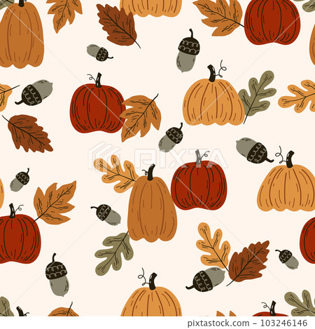 Seamless autumn pattern with pumpkins and leaves. Endless repeatable autumn harvest texture. Seamless autumn pattern with pumpkins and leaves. Endless repeatable autumn harvest texture. 103246146
