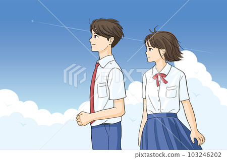 夏季服裝男女學生積雨雲背景 103246202