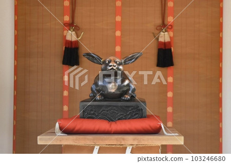 A petting rabbit seen from the front at Omiwa Shrine 103246680