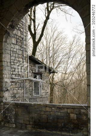 View from the old stone balcony to the winter leafless forest 103246772