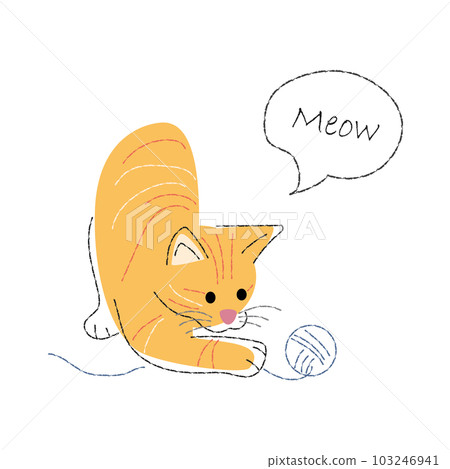 Yellow tabby cat is playing knitting wool ball . Cute cartoon characters . Flat shape and line stroke design . Vector illustration . 103246941