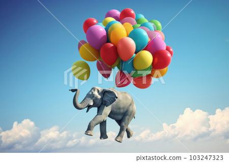 Experience the joy and happiness of a surreal and playful world with this scene of an elephant floating in the air with balloons and flowers. This whimsical and imaginative picture is AI Generative. 103247323