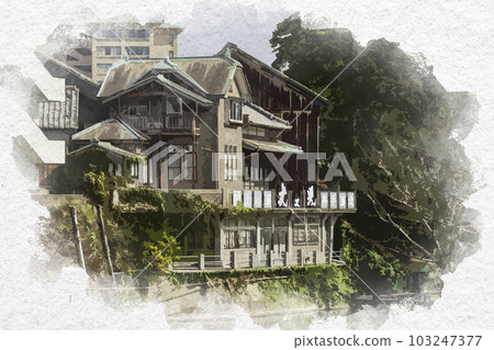 佐賀縣嬉野市鹽田川沿岸的水彩風格嬉野溫泉風光 佐賀縣嬉野市鹽田川沿岸的水彩風格嬉野溫泉風光 103247377