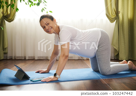 Happy pregnant woman in white t-shirt and grey leggings, standing at table pose on hands and knees on fitness mat, practicing prenatal gymnastics and stretching exercises, using digital tablet at home Happy pregnant woman in white t-shirt and grey leggings, standing at table pose on hands and knees on fitness mat, practicing prenatal gymnastics and stretching exercises, using digital tablet at home 103247442