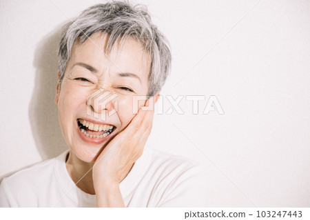 微笑的灰髮女人撫摸她的臉頰,護膚形象 微笑的灰髮女人撫摸她的臉頰,護膚形象 103247443