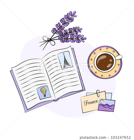 Vacation memories Vector illustration. Nostalgia for trip to France. Nostalgic diary or book, cup of coffee, photo of lavender fields and Eiffel Tower. French design with provence vibes Vacation memories Vector illustration. Nostalgia for trip to France. Nostalgic diary or book, cup of coffee, photo of lavender fields and Eiffel Tower. French design with provence vibes 103247652