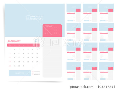 Calendar 2024, Set Wall Calendar Template Design with Place for Photo. Week Starts on Sunday. Set of 12 Months. Calendar 2024, Set Wall Calendar Template Design with Place for Photo. Week Starts on Sunday. Set of 12 Months. 103247851