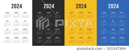 One page Wall Calendar 2024 set. Black, white and yellow vertical versions. A4 A3 Vector 103247864