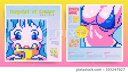 Pixel Art Retro Posters. Aesthetic Japanese Patterns from the 80s-90s. Young Woman Make Selfie in a New Summer Swimsuit. 8 Bit Summer Vector Girl for Covers, Cards, Posters, Banners. 103247927