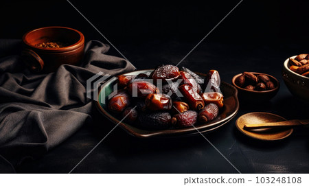 Dates nuts metal dish, dark background, close-up, selective focus. National holidays Ramadan Kareem, Mubarak, Eid-al-adha Dates nuts metal dish, dark background, close-up, selective focus. National holidays Ramadan Kareem, Mubarak, Eid-al-adha 103248108