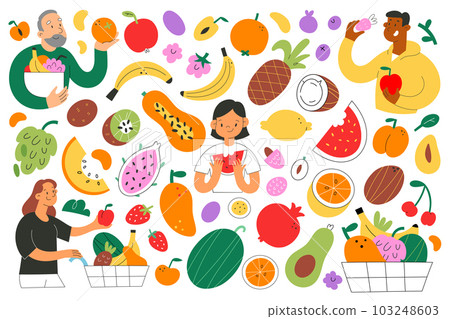 Various fruit collection, people eat, buy various fruits in grocery, young, senior, children eating healthy food, avocado, mango and watermelon isolated icons Various fruit collection, people eat, buy various fruits in grocery, young, senior, children eating healthy food, avocado, mango and watermelon isolated icons 103248603