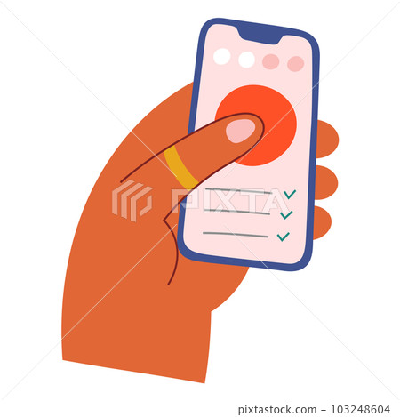 Menstruation calendar on smartphone. woman holding phone marking menstrual days in app, menstrual cycle, personal calendar, planner in mobile application, vector illustration 103248604