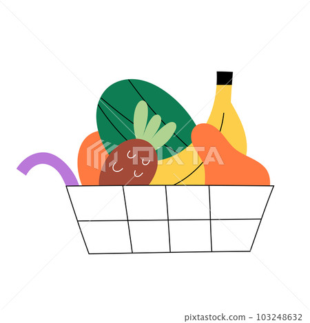 Shopping cart full of fruits, pear, banana and watermelon placed into grocery basket. Vector illustration Shopping cart full of fruits, pear, banana and watermelon placed into grocery basket. Vector illustration 103248632