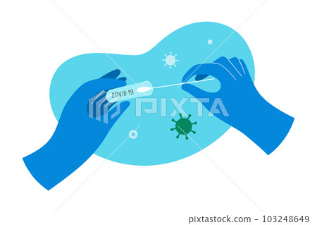 Holding a rapid covid test tube in hands with gloves, medical doctor holding testing kit for coronavirus, nasal cotton swab, vector illustration 103248649