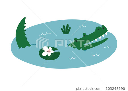 Cute smiling crocodile lying in the pond, funny alligator character with friendly facial expression, vector illustration isolated on white background 103248690