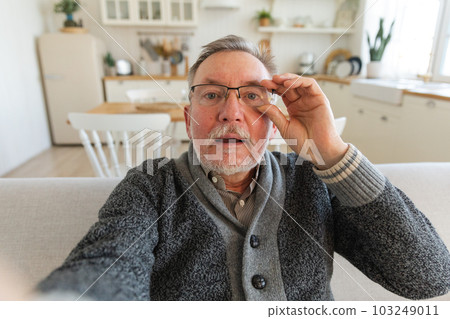 Happy middle aged senior man talk on video call with friends family. Laughing mature old senior grandfather having fun speaking with grown up children online. Headshot portrait selfie webcamera view Happy middle aged senior man talk on video call with friends family. Laughing mature old senior grandfather having fun speaking with grown up children online. Headshot portrait selfie webcamera view 103249011