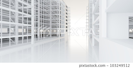Luxury white abstract architectural minimalistic background. Contemporary showroom. Modern  exhibition stand. Empty gallery. Backlight. Polygonal Graphic Design. 3D illustration and rendering. 103249512
