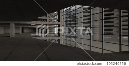 Abstract architectural minimalistic background. Contemporary showroom. Modern concrete exhibition tunnel. Empty gallery. Backlight. 3D illustration and rendering. Abstract architectural minimalistic background. Contemporary showroom. Modern concrete exhibition tunnel. Empty gallery. Backlight. 3D illustration and rendering. 103249556