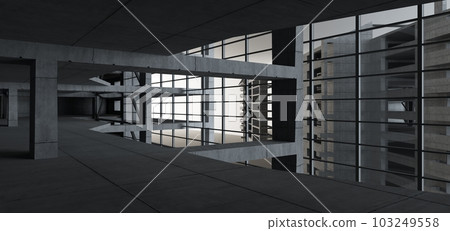 Abstract architectural minimalistic background. Contemporary showroom. Modern concrete exhibition tunnel. Empty gallery. Backlight. 3D illustration and rendering. 103249558