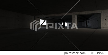 Abstract architectural minimalistic background. Contemporary showroom. Modern concrete exhibition tunnel. Empty gallery. Backlight. 3D illustration and rendering. Abstract architectural minimalistic background. Contemporary showroom. Modern concrete exhibition tunnel. Empty gallery. Backlight. 3D illustration and rendering. 103249560