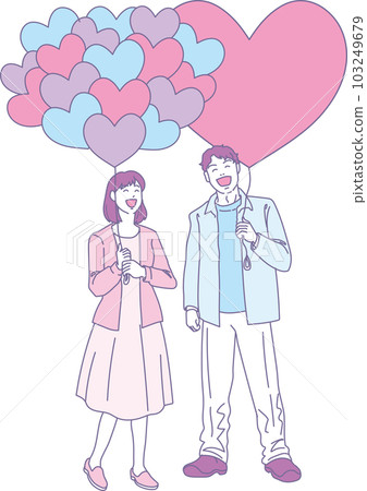 Smiling people with heart balloons _ 2 color style _ men and women _ whole body Smiling people with heart balloons _ 2 color style _ men and women _ whole body 103249679