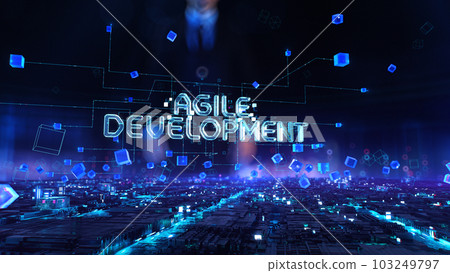 Agile Development - businessman working with virtual reality at office. Agile Development - businessman working with virtual reality at office. 103249797