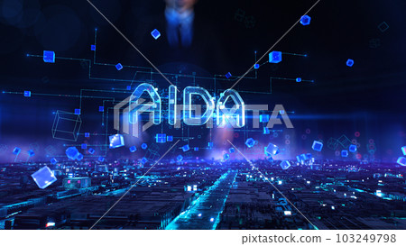 AIDA - businessman working with virtual reality at office. AIDA - businessman working with virtual reality at office. 103249798