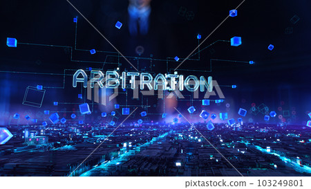 Arbitration - businessman working with virtual reality at office. Arbitration - businessman working with virtual reality at office. 103249801