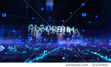 Algorithm - businessman working with virtual reality at office. 103249802