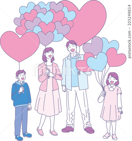 Smiling people with heart balloons _ 2 color style _ family of 4 _ upper body 103249814