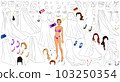 Red Carpet Dress Coloring Page Paper Doll with Outfit, Hairstyles and Accessories. Vector Illustration 103250354