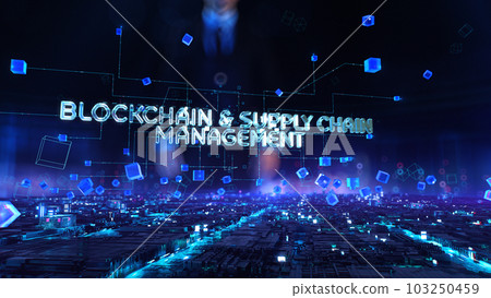 Blockchain and Supply Chain Management - businessman working with virtual reality at office. Blockchain and Supply Chain Management - businessman working with virtual reality at office. 103250459