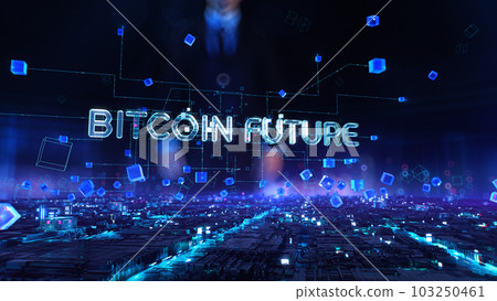 Bitcoin Future - businessman working with virtual reality at office. Bitcoin Future - businessman working with virtual reality at office. 103250461