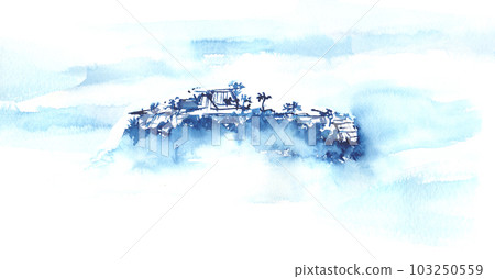水墨畫風格的竹田城跡和雲海風景插畫 水墨畫風格的竹田城跡和雲海風景插畫 103250559