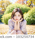 AI-generated beauty, a woman crouching and staring at the park 103250734