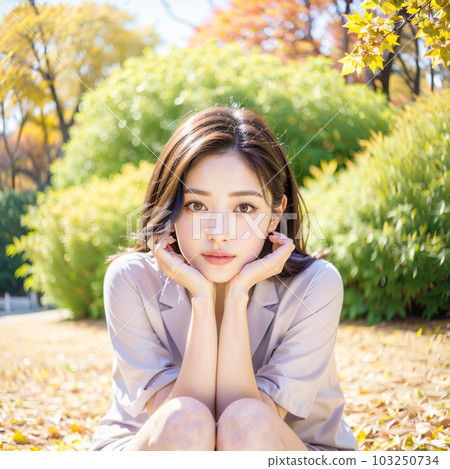 人工智能生成的美女,一個女人蹲下凝視著公園 人工智能生成的美女,一個女人蹲下凝視著公園 103250734