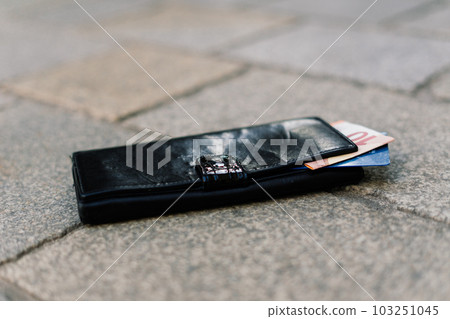 The wallet with coins on sidewalk street, forgotten money The wallet with coins on sidewalk street, forgotten money 103251045