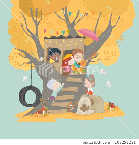 Group of Children playing in a Tree House in Autumn Park 103251281