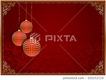 Christmas background with three hanging balls on red Christmas background with three hanging balls on red 103252119