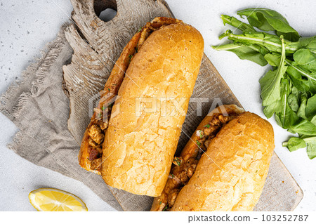 Somun ekmek tavuk tantuni Chicken Turkish kebab, on gray concrete table background, top view flat lay Somun ekmek tavuk tantuni Chicken Turkish kebab, on gray concrete table background, top view flat lay 103252787