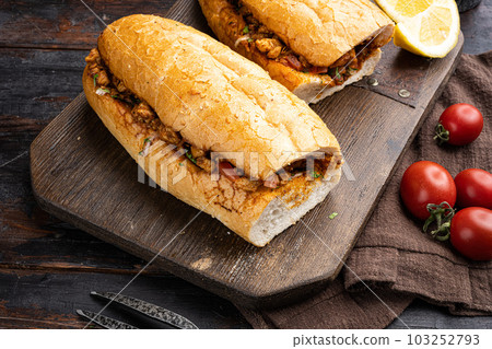 Chicken tantuni with loaf bread Turkish kebab, on old dark wooden table background Chicken tantuni with loaf bread Turkish kebab, on old dark wooden table background 103252793
