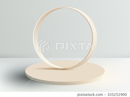 3D realistic beige color podium platform with circle frame backdrop minimal wall scene on white background 103252900